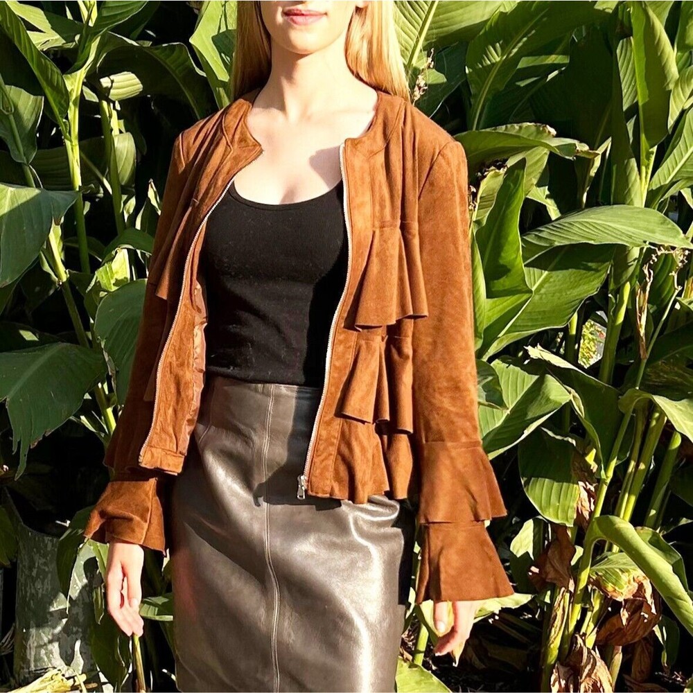 Brown Ruffled Zip Front Jacket Women's Petite Small INC International Concepts